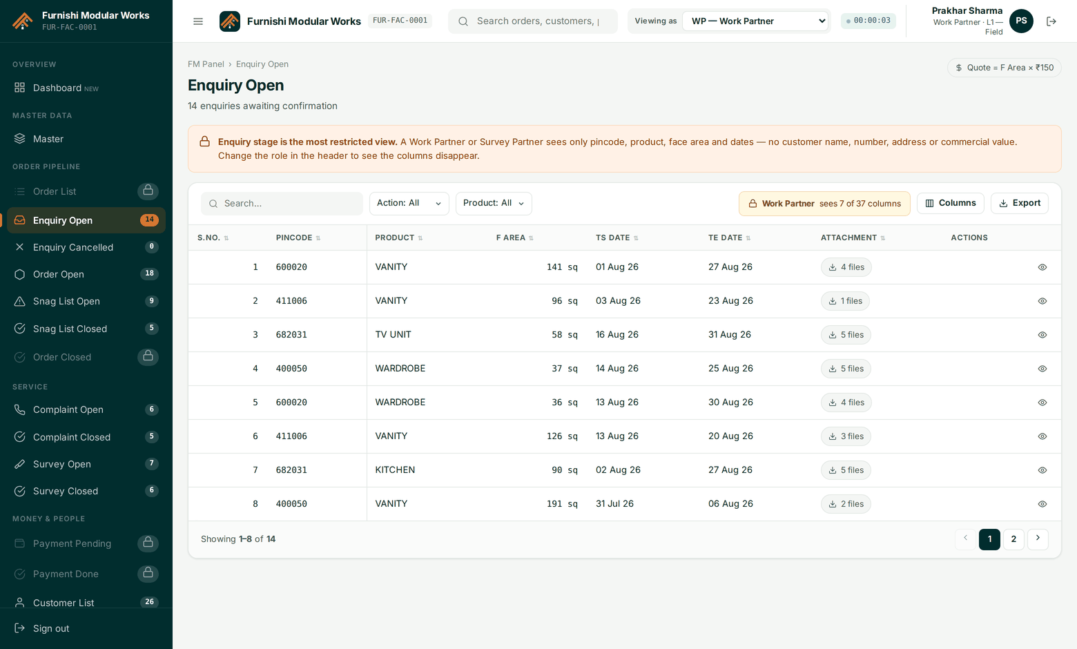 Same screen, same order, Work Partner account. Identity columns are simply not there.