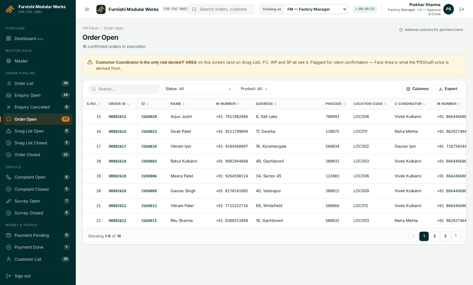 Order Open — every live job, its status, its partner and its dates.