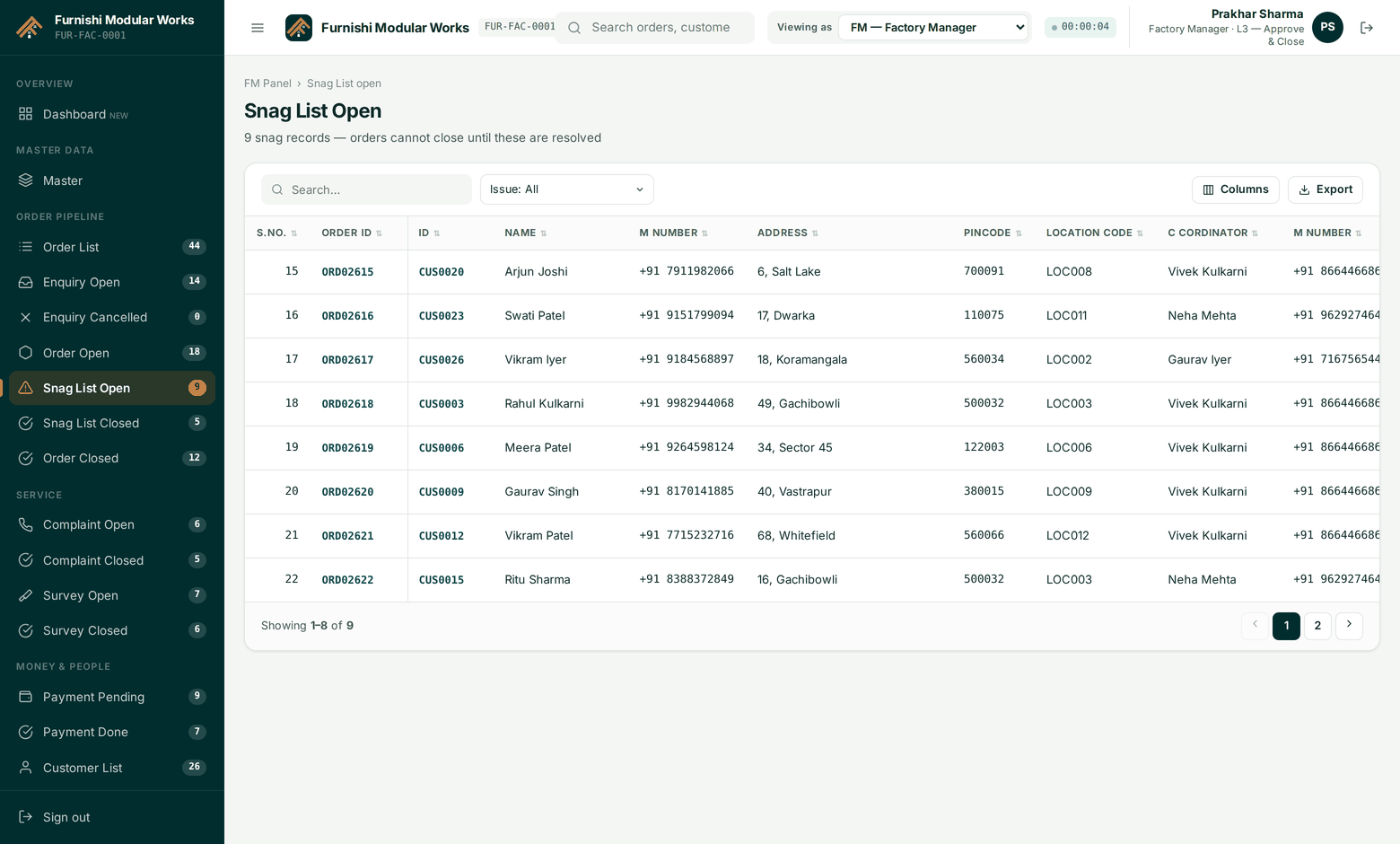 Snag list — issue, reason, solution, photo and video evidence against each fix.